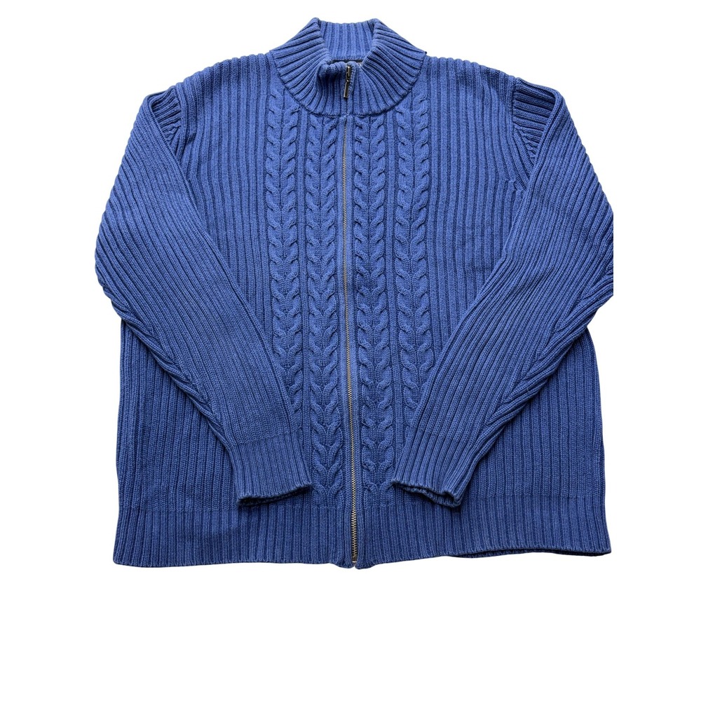 Lands' End Sweater Kids 14-16 Blue Cotton Full Zip Cable Knit Mock Neck Japan